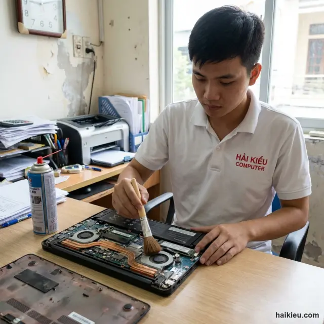 Kỹ thuật viên Hải Kiều kiểm tra laptop tại nhà khách — Hải Châu, Đà Nẵng