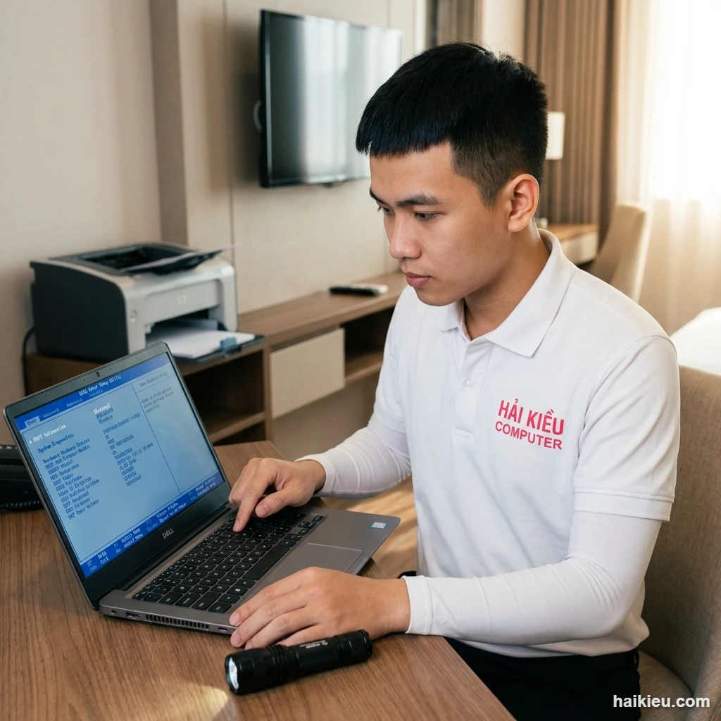 Kỹ thuật viên Hải Kiều kiểm tra laptop không lên nguồn tại nhà khách Hải Châu Đà Nẵng